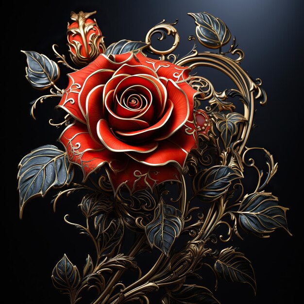 Photo elegant adornment gold filigree brooch with red rosesred rose on black backgroundbackground with rosesbackground with roses