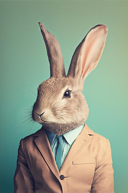 Elegant adult rabbit wearing a formal jacket on a color background Generative AI