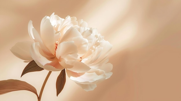 Фото Элегантный эстетический цветок пиона с тенями солнечного света на нейтральном персиковом бежевом фоне генеративный ии