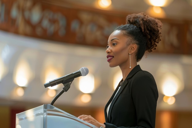 Photo an elegant african american businesswoman standing confidently at a podium in a prestigious