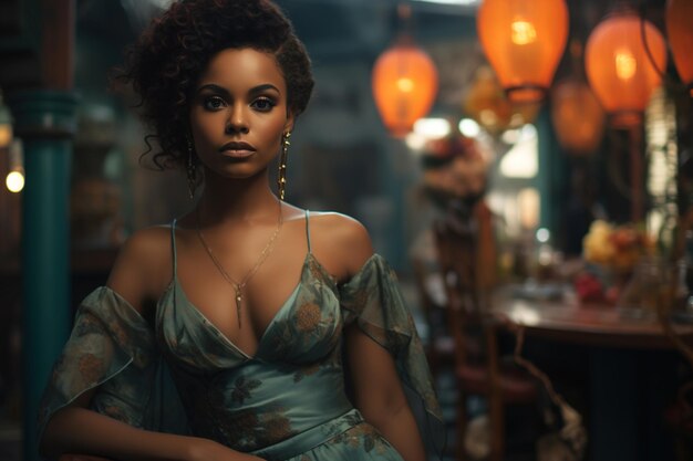 Elegant African American woman in a restaurant posing in vintage interiors and looking at camera