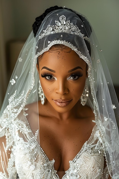 Elegant African Bride in a Luxurious Wedding Dress and Veil with Beautiful Makeup and Accessories