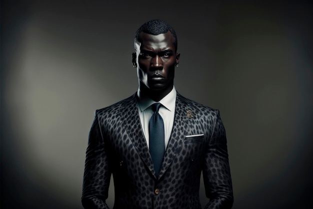 Elegant African Executive Boeiend portret van een stijlvolle, zelfverzekerde zwarte man in een donkere studiosetting Generative Ai