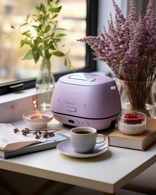 Foto elegante tavolo da caffè pomeridiano con libri e fiori