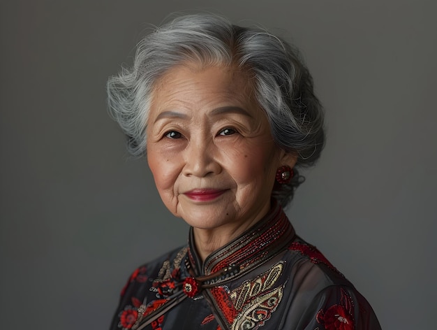 Фото Элегантная и изящная тайская пожилая женщина с теплой улыбкой и мудрым выражением лица