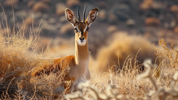 Foto elegante antilope che guarda nella luce dorata della savana