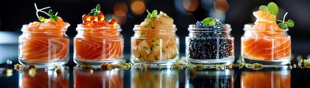 An Elegant appetizers of salmon and caviar in glass jars