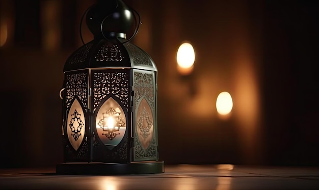Элегантный арабский фонарь, освещенный горящей свечой Создание с использованием генеративных инструментов искусственного интеллекта