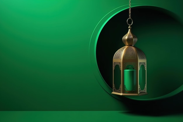 Photo elegant arabic green lamp lantern on green background