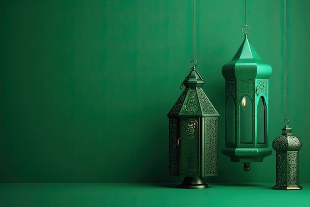 緑の背景にエレガントなアラビア語の緑ランプ ランタン