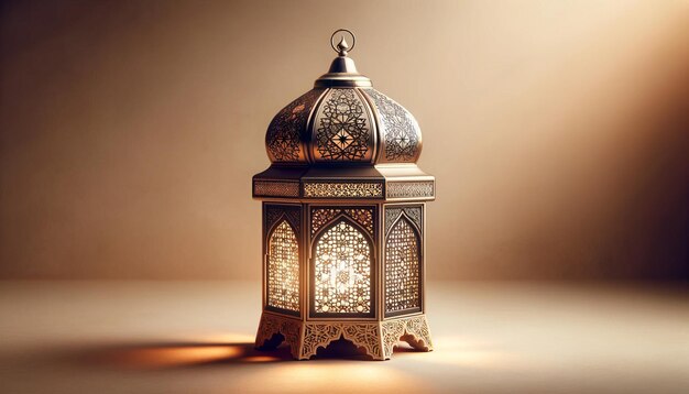 Photo elegant arabic lantern with intricate design casting shadows on neutral beige background