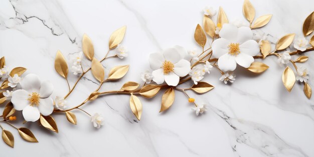Photo elegant arrangement of white and gold flowers on white marble texture with leaves