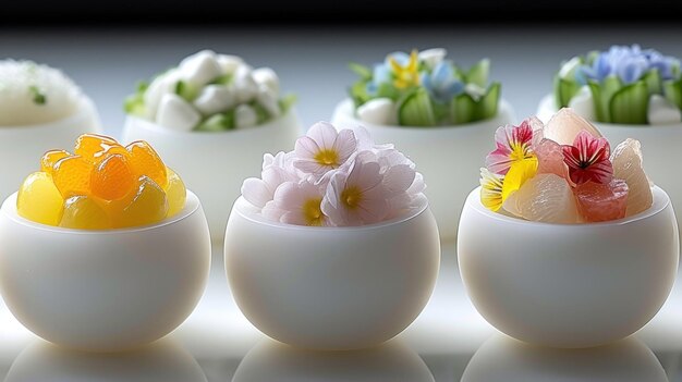 Elegant array of floral and fruit gelatin desserts in porcelain bowls