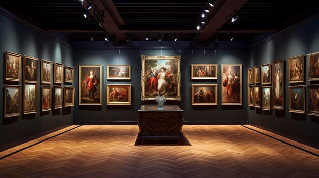 Elegant art gallery interior with classic paintings displayed under warm lighting