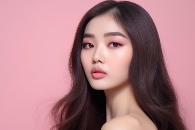 Elegant Asian Beauty Showcasing Korean Skincare and Cosmetics