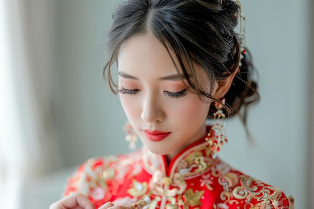 Elegant Asian Bride in Traditional Red Wedding Dress with Embroidery and Exquisite Makeup