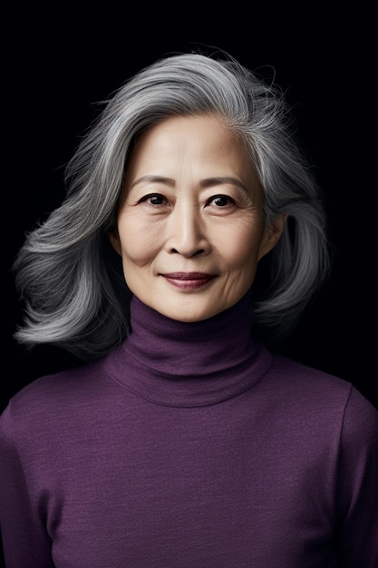 Elegant Asian Matriarch with Graceful Gray Tresses Captured in Serene Portrait against Subdued Gray