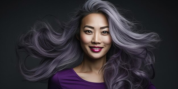 Elegant Asian Matriarch with Graceful Gray Tresses Captured in Serene Portrait against Subdued Gray