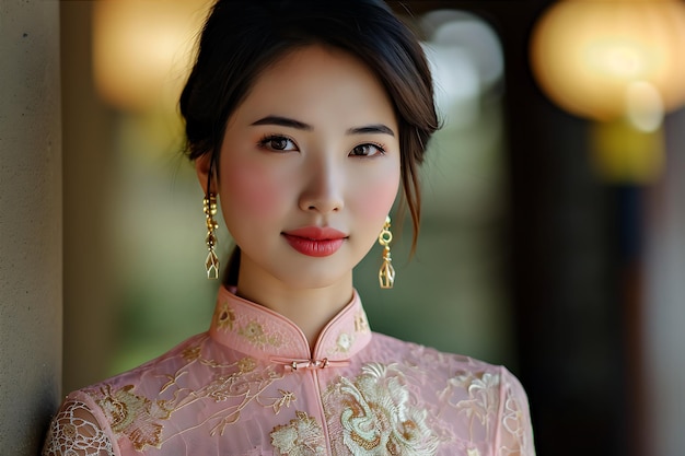 Elegant Asian Woman Dressed in a Pink Dress