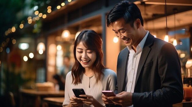 Elegant Asian Woman Embraces Online Shopping Bliss Amidst a Coffee Shop Ambience