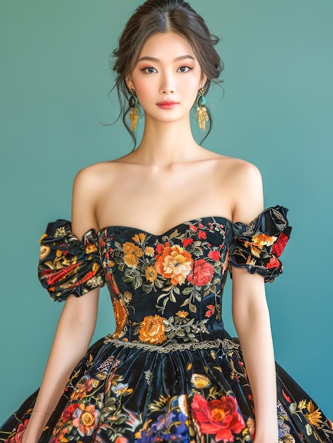 エレガントなアジア人女性が花色のオフショルダードレスを着て,ティール色の背景にスタイリッシュなイヤリングでポーズをとっています.