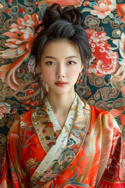 Elegant Asian Woman in Traditional Japanese Kimono Standing Against Floral Pattern Background