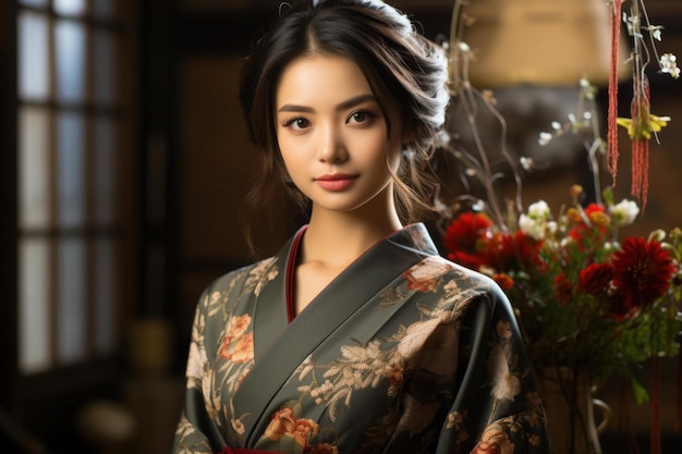 Elegant Asian Woman Wearing Traditional Japanese Kimono Indoors