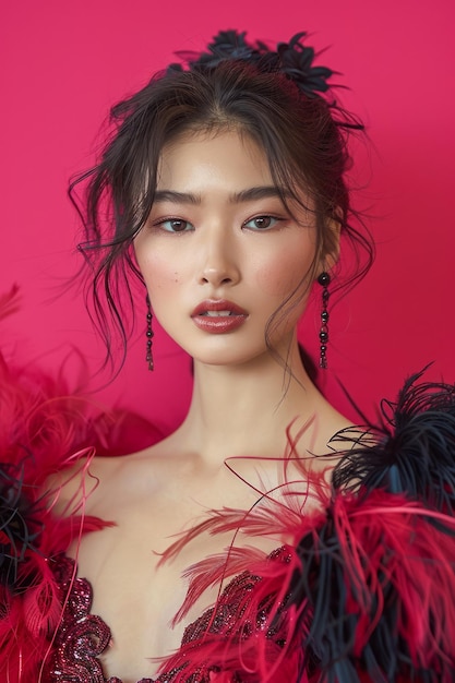 鮮やかな赤い背景の羽毛のアクセサリーを身に着けたエレガントなアジア人女性 ハイファッションの肖像画 沢