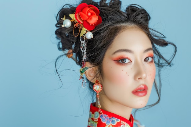 Elegant Asian Woman with Traditional Hairstyle and Makeup on Blue Background