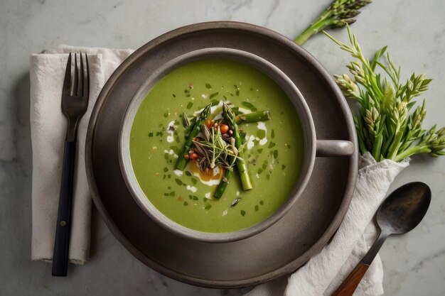 Foto elegante presentazione della zuppa di asparagi