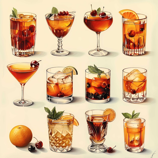 Elegant Assortment of Classic Cocktails in Stylish Glassware