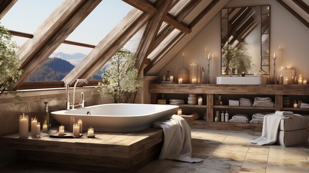 Elegant attic bathroom with bathtub