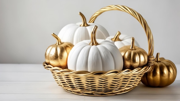 Elegant Autumn Decor Golddusted pumpkins in a woven basket