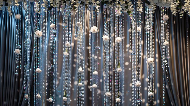 Photo elegant backdrop with hanging crystal beads and white roses for wedding or other festive events