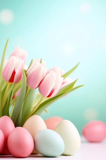 An elegant background featuring pastelcolored Easter eggs and beautiful tulips