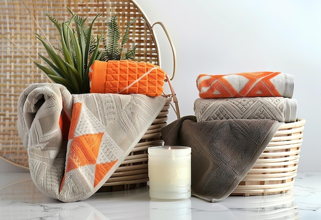 Elegant badkamer decor met oranje accenten zeep dispenser handdoek en decoratieve bloemen