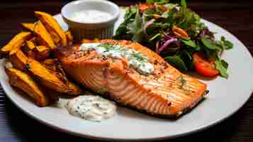 Photo elegant baked salmon with asparagus and hollandaise