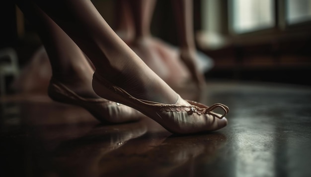 Elegant ballet dancer barefoot reflects sensuality on wooden stage generated by AI