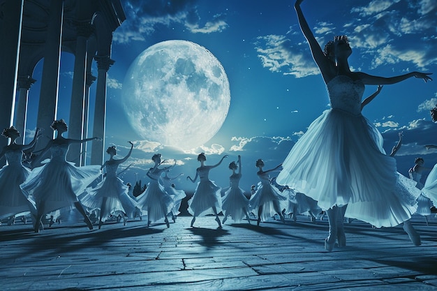 Photo elegant ballet dancers in a moonlit outdoor perfor