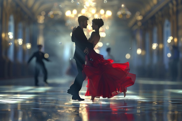 Elegant ballroom dancers gliding across the floor