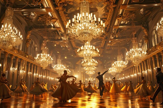 Photo elegant ballroom dancers swirling under chandelier