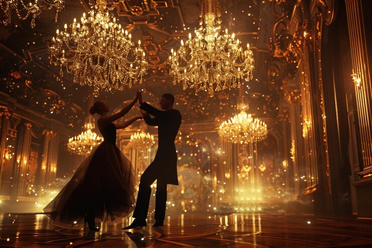 Photo elegant ballroom dancers twirling under chandelier