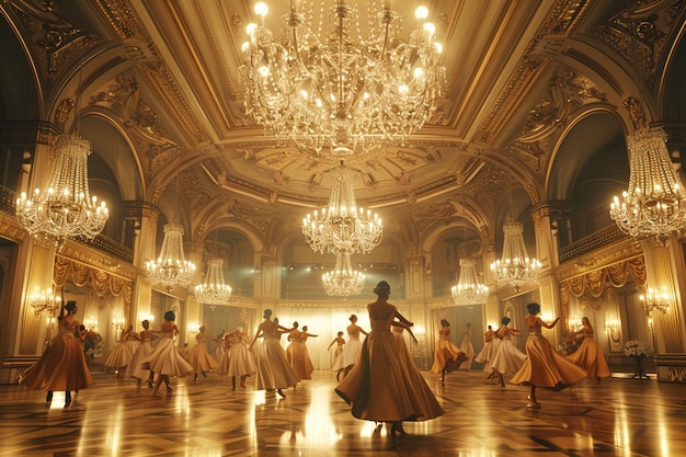 An elegant ballroom filled with dancers twirling u