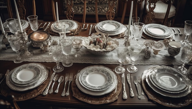 Elegant banquet with ornate silverware and wine generated by AI
