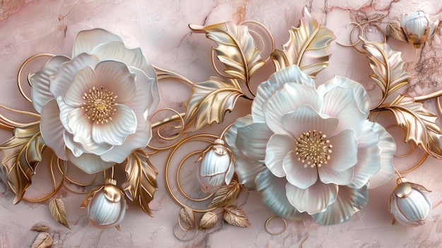 Элегантные барочные золотые цветочные украшения на роскошном мраморе