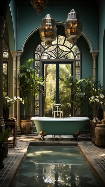 緑色のバスタブとプールを備えたエレガントな浴室