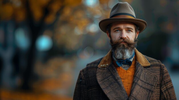 Elegant Bearded Man in Classic Vintage Attire Posing Outdoors in Autumn