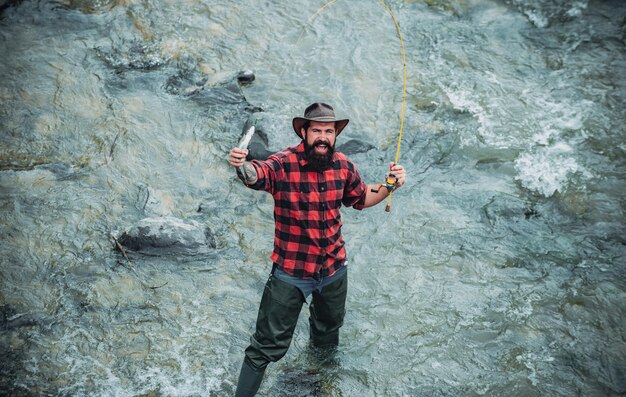 Elegant bearded man fishing hobby for soul bearded fisher good profit happy fisherman real happiness