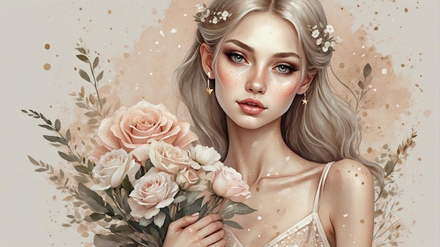 写真 麗な金の女の子と花束の春のポストカード プレゼントカードのイラスト