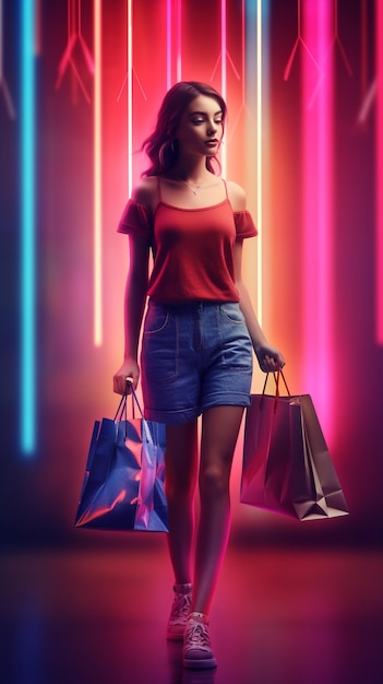 Elegant and beautiful girl holding many shopping bags on a creative luxe background The concept of shopping online orders delivery of goods promotions sales Generative AI